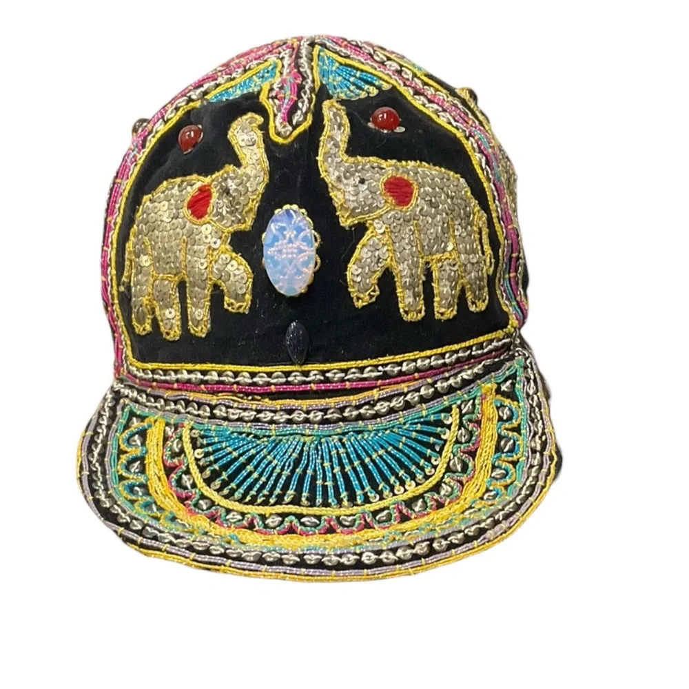 🐘🔥 Vintage Hand-Embroidered Elephant Sequin‎ Hat — One of a Kind